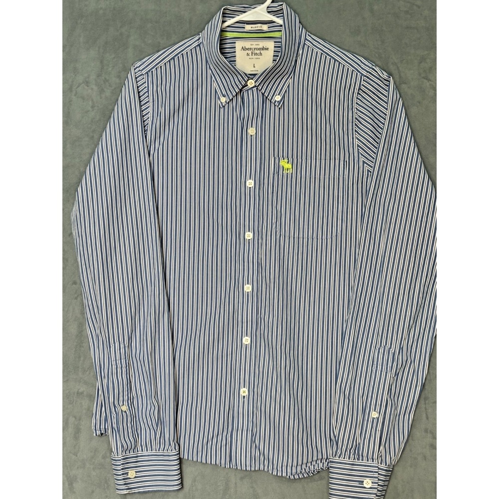 Abercrombie & Finch Shirt‎ Muscle Button Down Long Sleeve Blue Striped Mens L